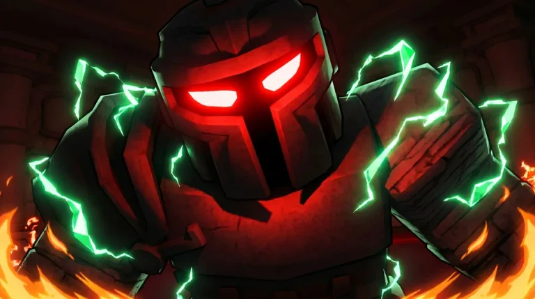 Dark golem boss lit by green lightning in an Elemental Dungeons dungeon