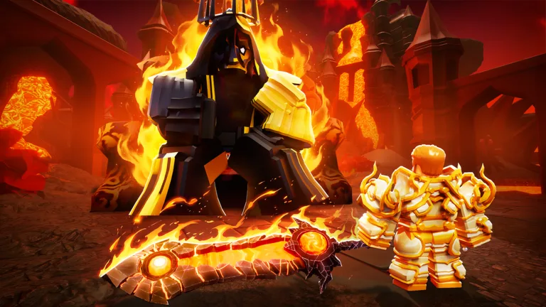 Elemental Dungeons key art with a lava boss and a golden warrior